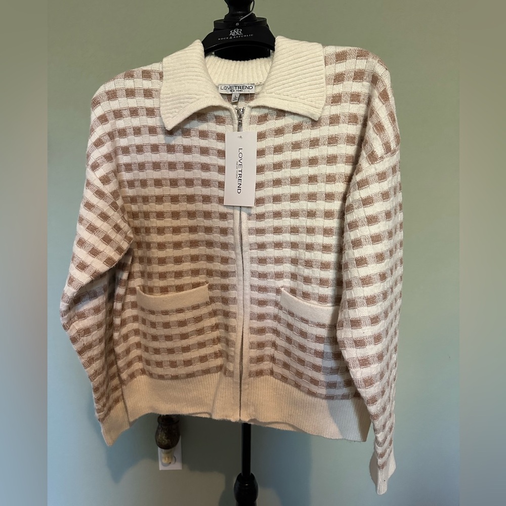 Lovetrend Checkered Zip-Up Sweater. Check Knitted Bomber Jacket. Size Large NWT